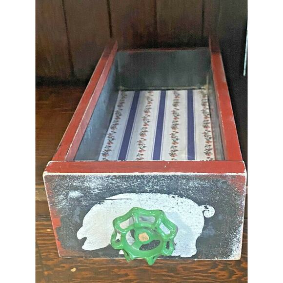 Farmhouse Wood Drawer Crate w/ Vintage Pig Feed Spigot Handle, Red/Black - Picture 5 of 12